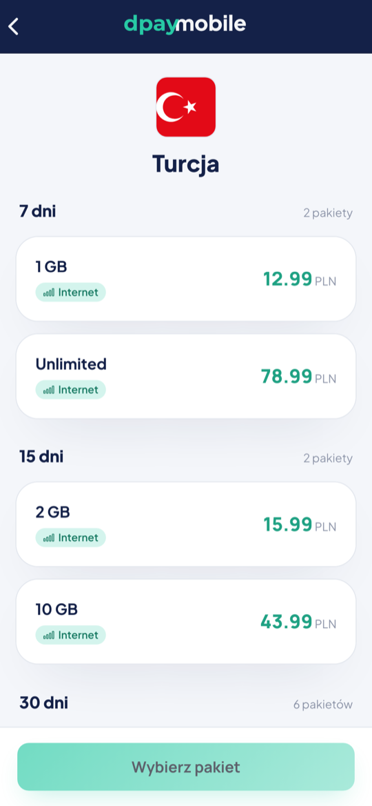 Pakiety dla wybranego kraju w aplikacji dpaymobile