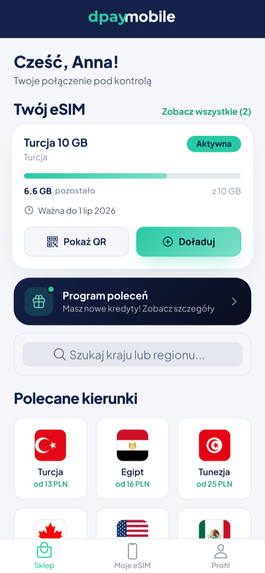 Ekran główny aplikacji dpaymobile z aktywnym eSIM
